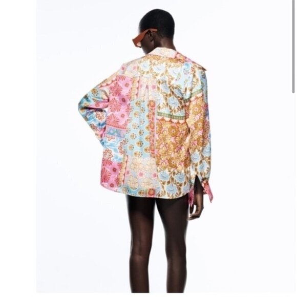 Zara Patchwork Printed Button Up Shirt Long Sleeve Colorful Womens Medium Satin - Picture 2 of 12